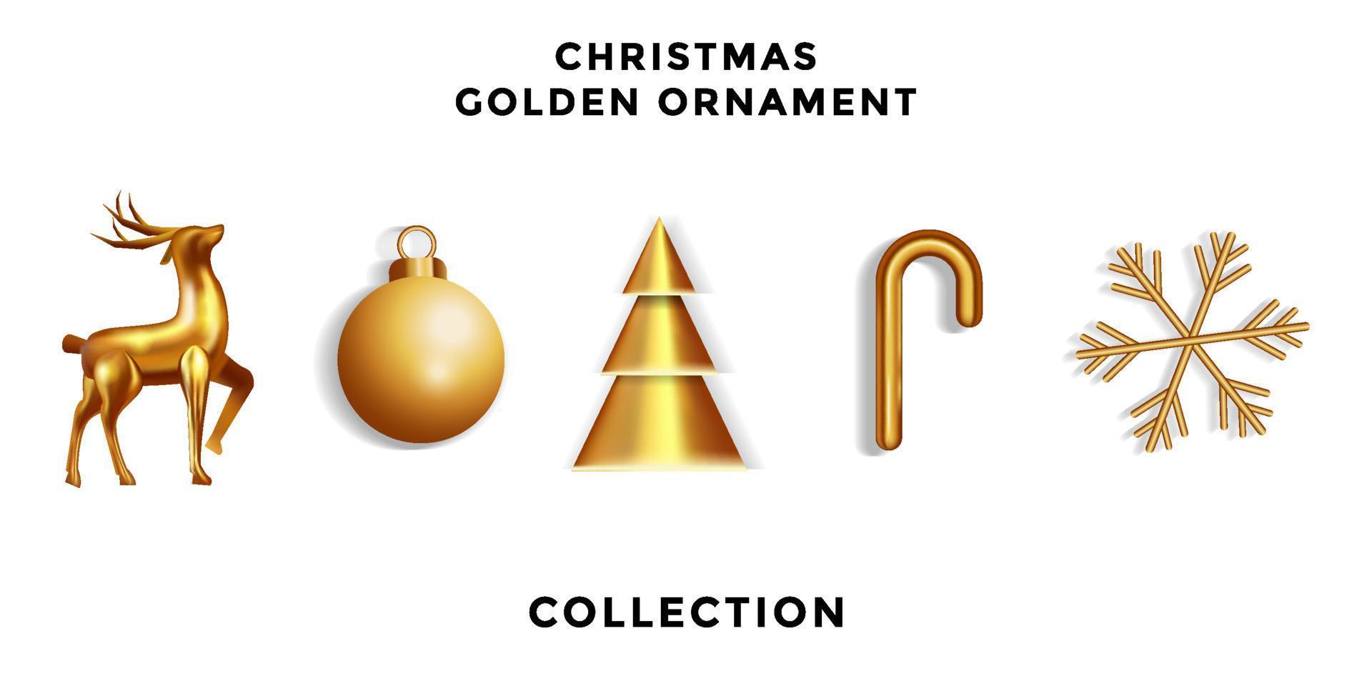 set van kerst gouden ornament. gouden hert, gouden den, gouden snoep, gouden sneeuwvlok en gouden lampen vector