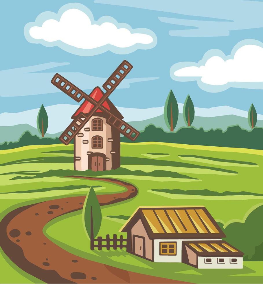 zonnig landelijk landschap met windmolens. illustratie vector