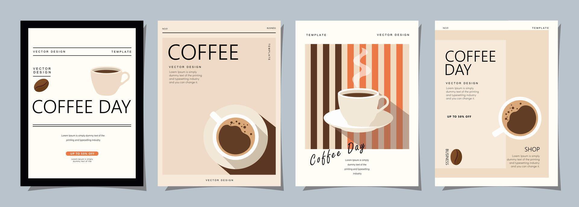 reeks van minimaal achtergrond Sjablonen met koffie bonen en koffie mok voor uitnodigingen, kaarten, banier, brochure, poster, omslag, cafe menu of een ander ontwerp. vector