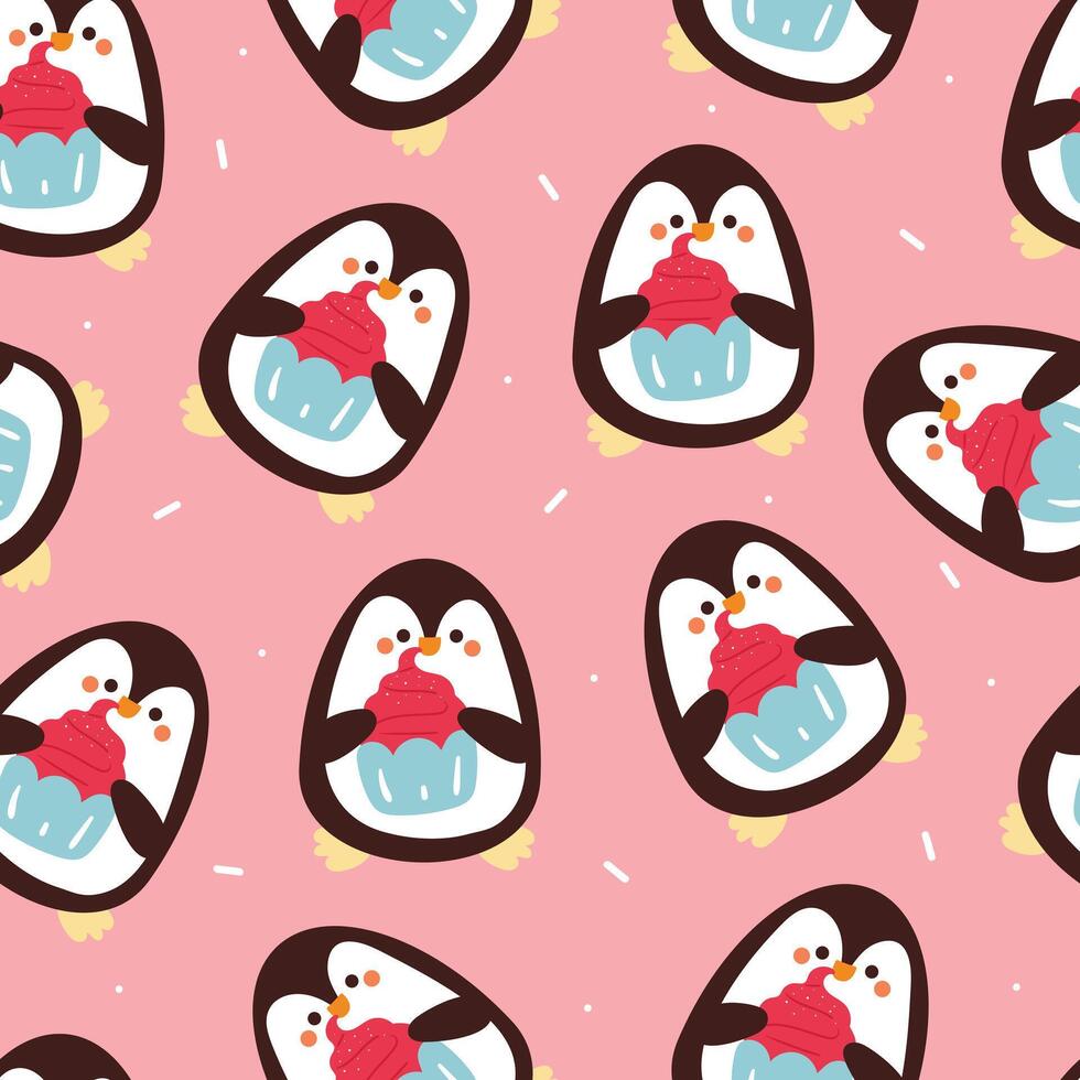 naadloos patroon tekenfilm pinguïn Holding een koekje. schattig dier behang illustratie voor geschenk inpakken papier vector