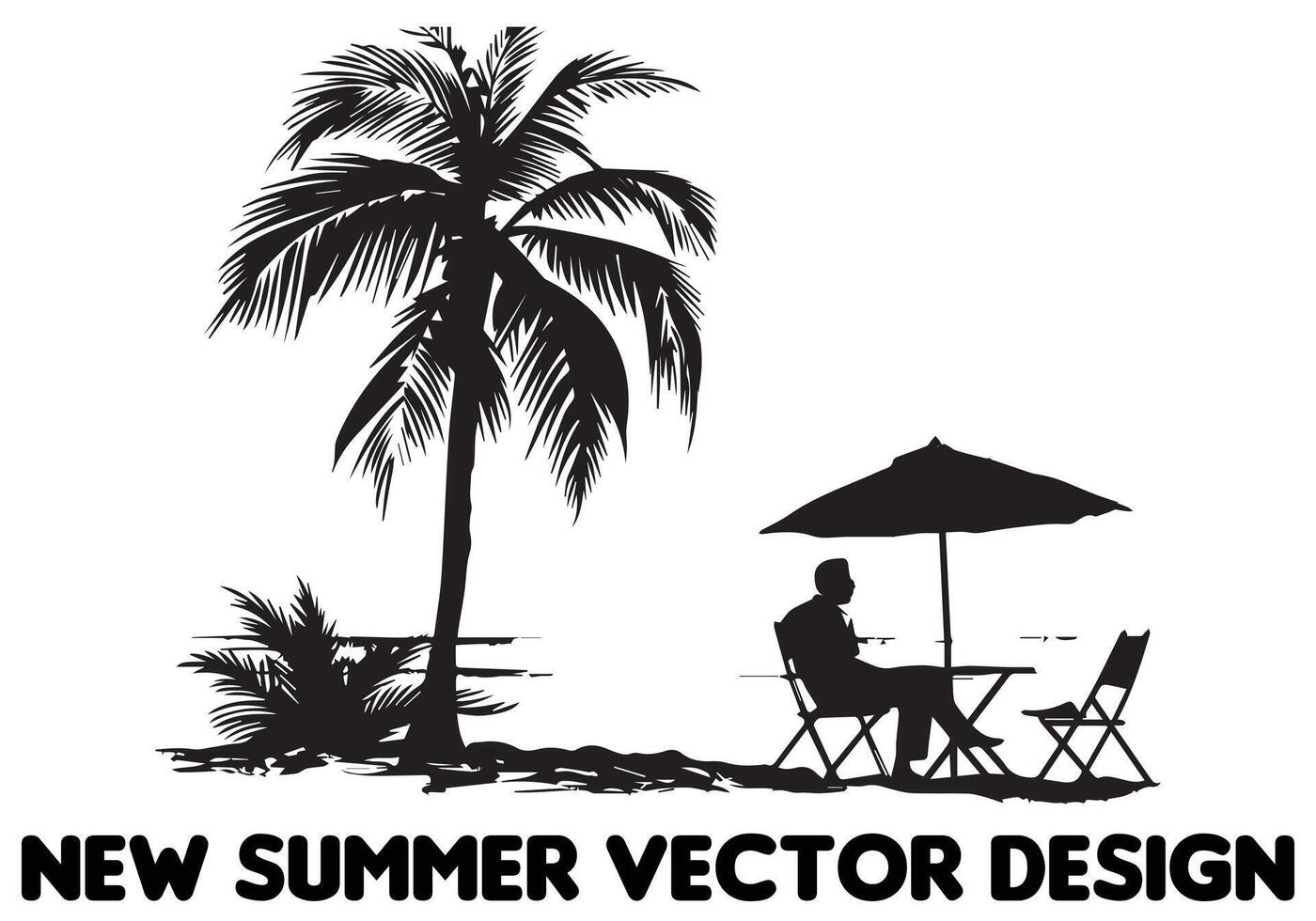 zwart silhouet zomer ontwerp palm boom zittend Aan stoel voorkant tafel en paraplu Mens strand vrij ontwerp vector