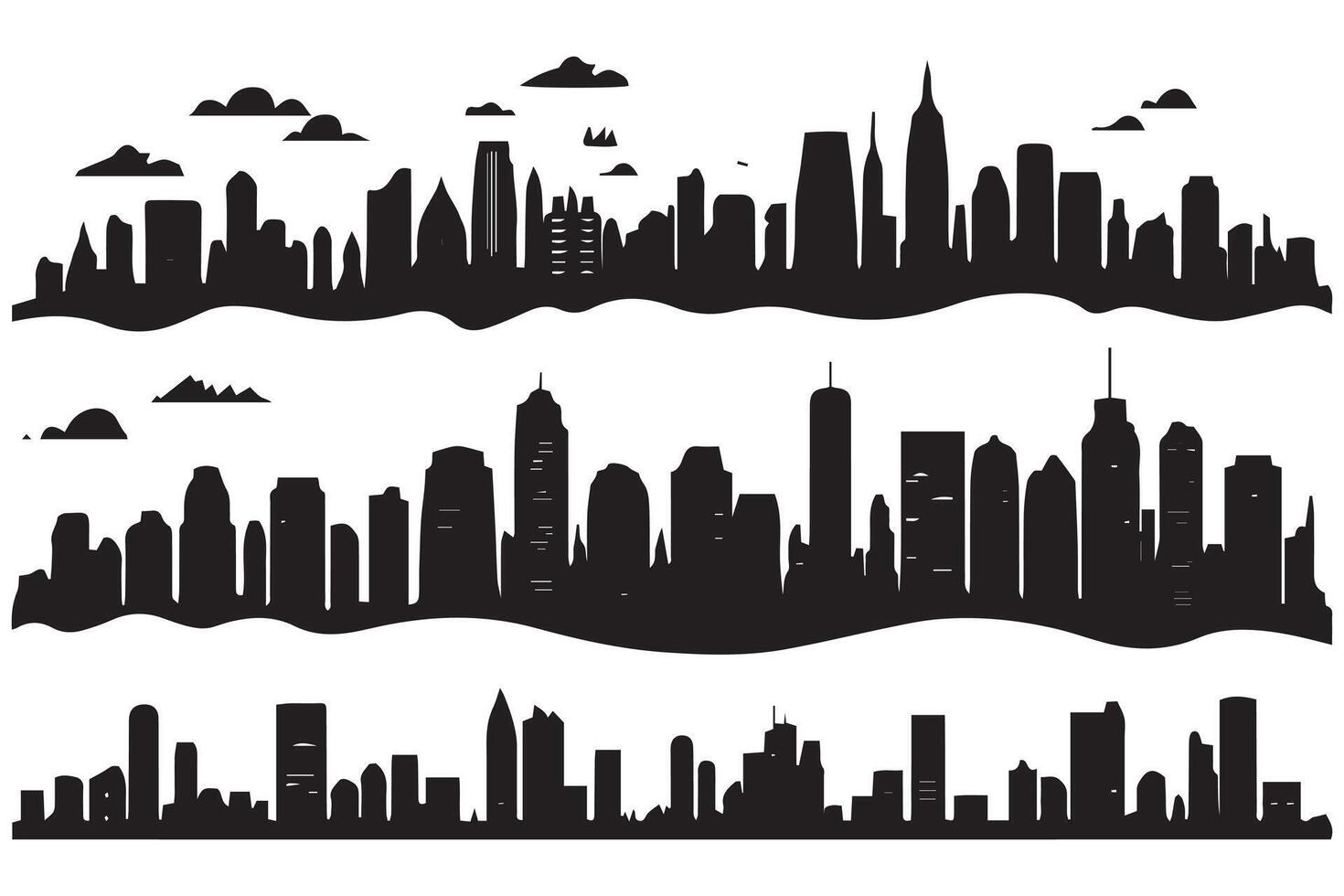 stad skylines silhouet, stadsgezicht set, zwart geïsoleerd Aan wit achtergrond vrij ontwerp vector