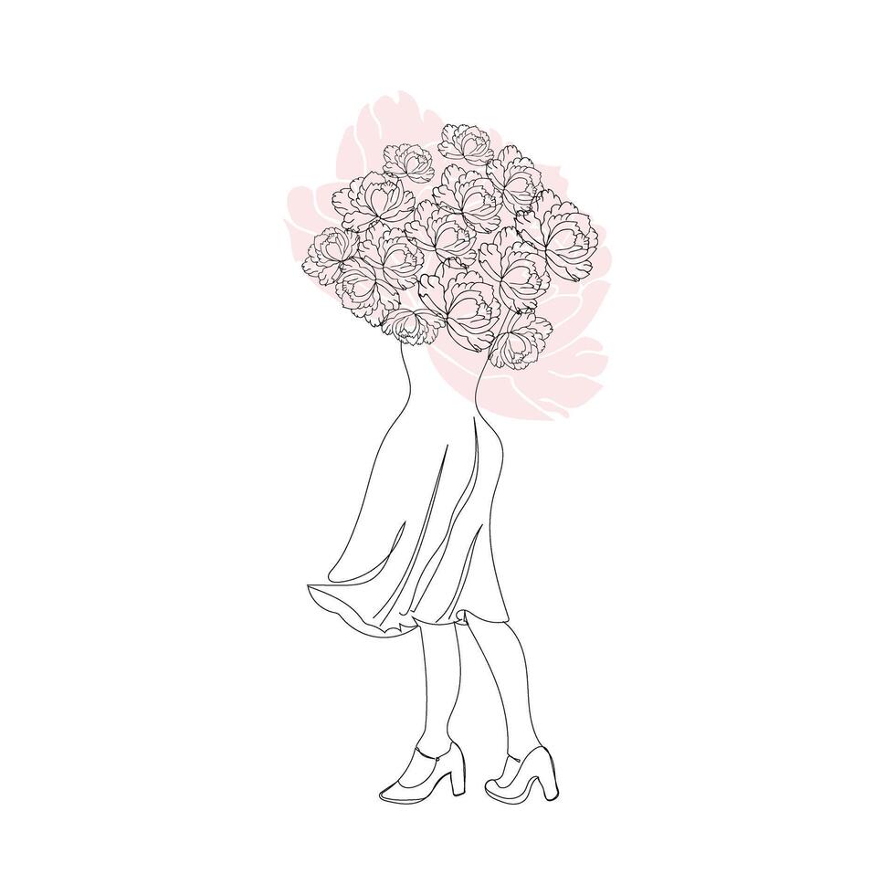 een vrouw met bloemen, een groot boeket van pioenrozen. vector