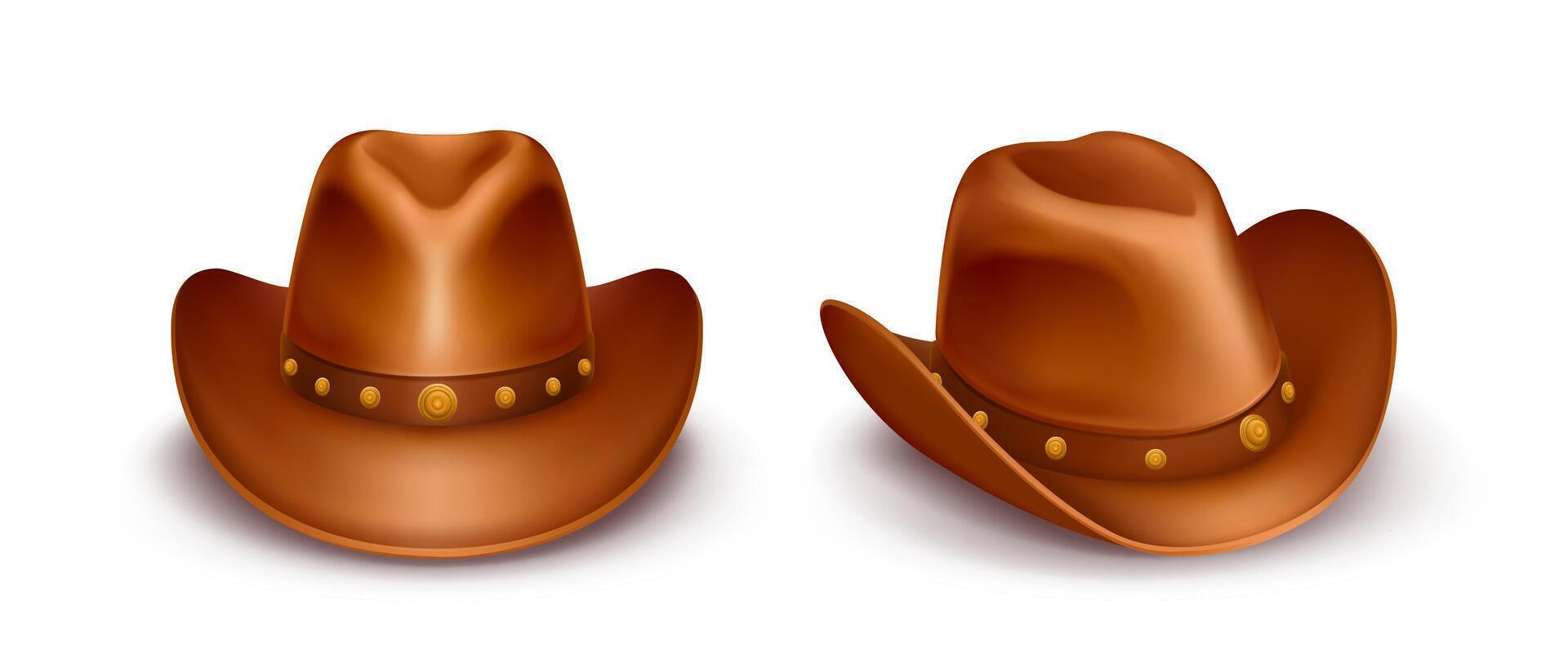 realistisch illustratie van bruin cowboy hoeden met band aan de overkant de bovenkant, geïsoleerd Aan wit achtergrond. stetson van sheriff, leer boer of veehouder kap. Verenigde Staten van Amerika western stijl. wild west concept. vector