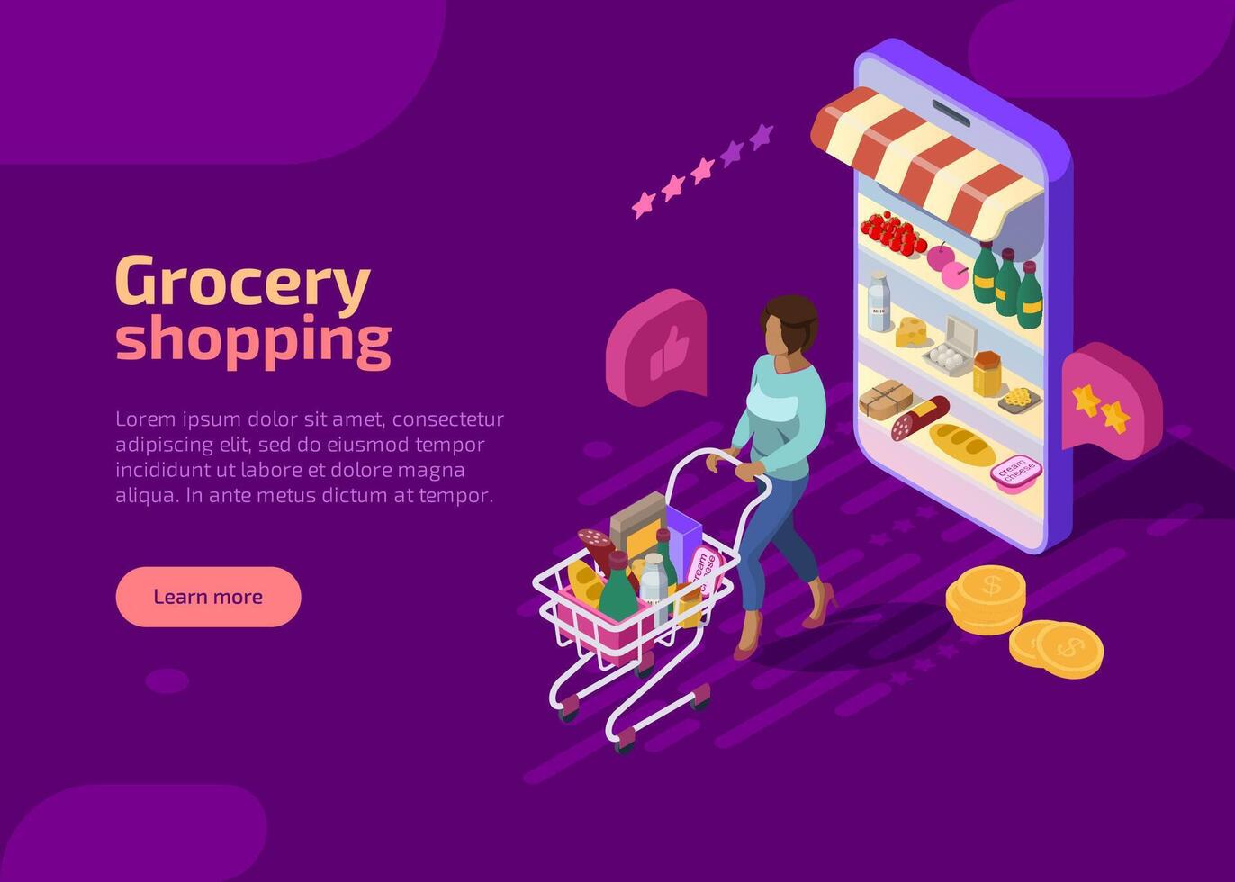 kruidenier boodschappen doen isometrische landen bladzijde, Purper web spandoek. vrouw karakter met supermarkt kar vol van voedsel en drankje. klant Gaan van markt winkel Aan mobiel apparaat. e-commerce online op te slaan concept. vector