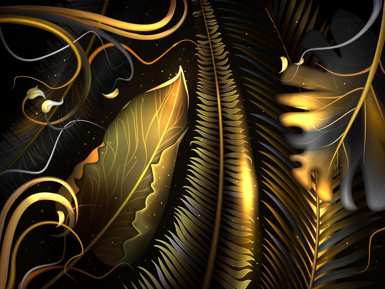 naadloos patroon met goud en zwart tropisch bladeren Aan donker achtergrond. neon gloeiend planten met gouden decoratie. realistisch oerwoud blad met palm bomen, lianen. luxe exotisch botanisch ontwerp. vector