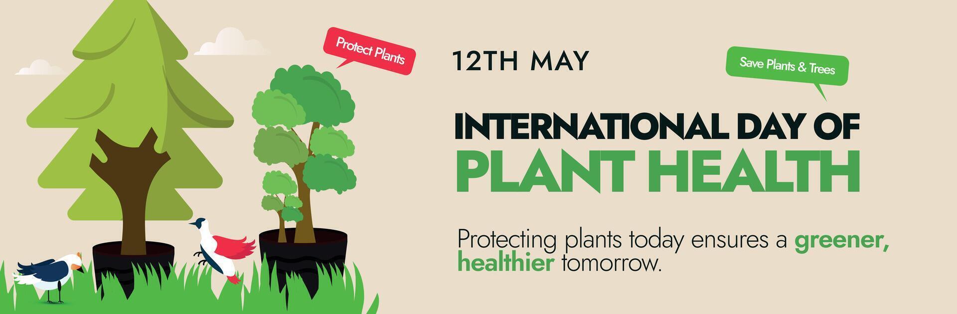 Internationale dag van fabriek Gezondheid. 12e mei Internationale dag van fabriek Gezondheid Hoes banier met mini planten, vogels, toespraak bubbels van beschermen en opslaan planten en bomen. Hoes banier idee voor planten. vector