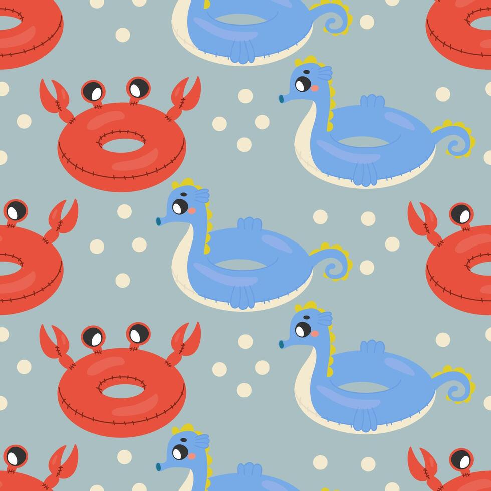 naadloos patroon, zwemmen ronde in de vorm van een krab en een zeepaardje, kinderen opblaasbaar vector