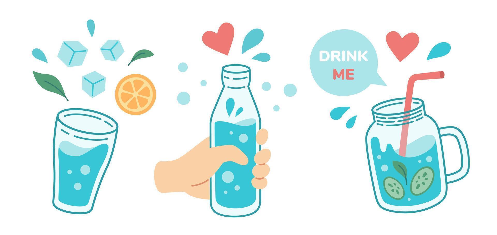 drinken meer water concept, drinken water in drinken glas, kruik, glas fles. correct dagelijks gebruiken, ochtend- rituelen, ontgiften. nul afval. hand- getrokken illustratie. vector