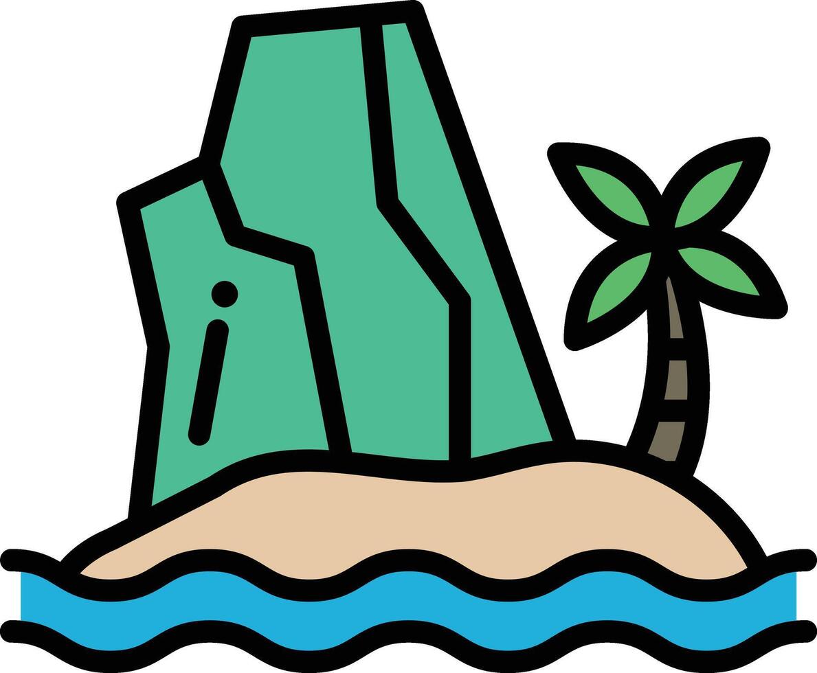 een tekenfilm tekening van een strand met een palm boom en een rots vector