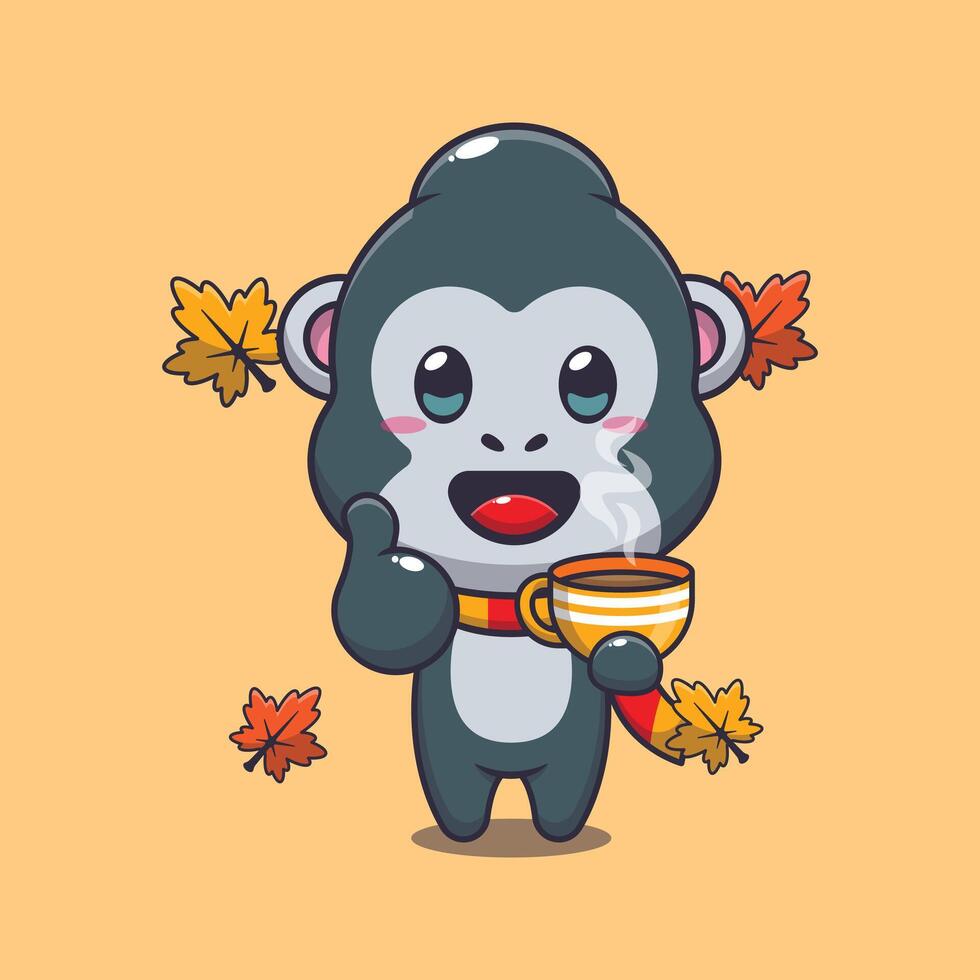 schattig gorilla met koffie in herfst seizoen tekenfilm illustratie. vector