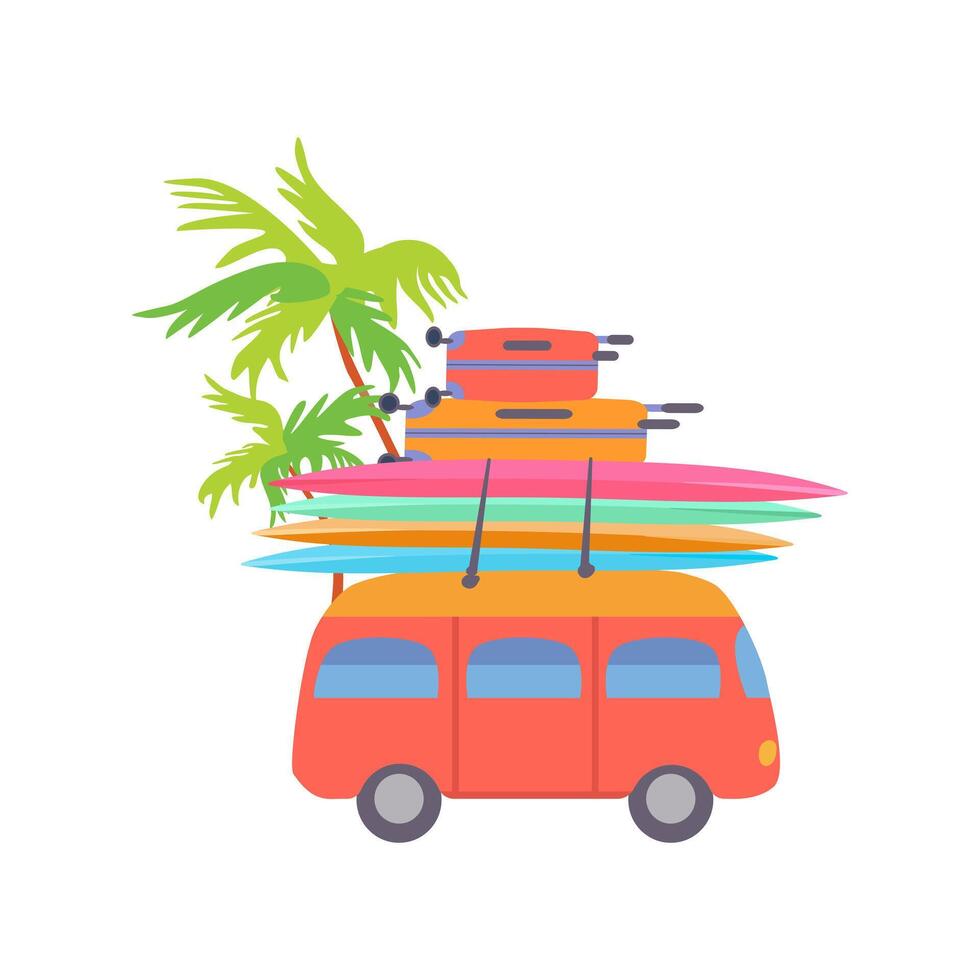geïsoleerd schattig retro oranje bus geel rood koffers veelkleurig surfplanken tropisch palm boom afdrukken zomer poster poster kleding papier vector