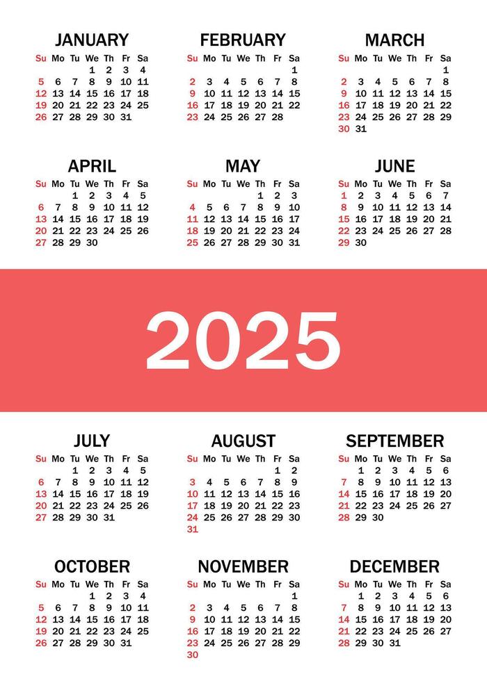 kalender 2025. de week begint Aan zondag. jaar- kalender 2025 sjabloon. bedrijf kalender in een minimalistische stijl. vector