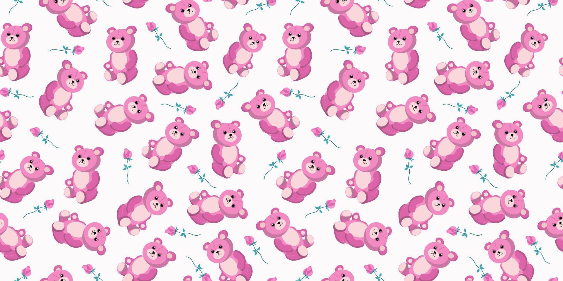 schattig speelgoed- roze beer en bloem, roos. patroon naadloos. teddy beer tekenfilm, zacht speelgoed- teddybeer. achtergrond vector