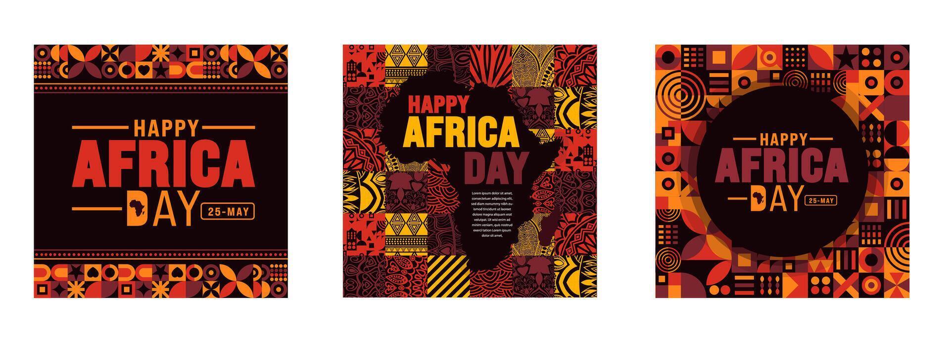 25 mei is gelukkig Afrika dag sociaal media post banier ontwerp sjabloon reeks met meetkundig vorm patroon en Afrikaanse kaart. vakantie concept. gebruik naar achtergrond, banier, aanplakbiljet, kaart, en poster sjabloon. vector