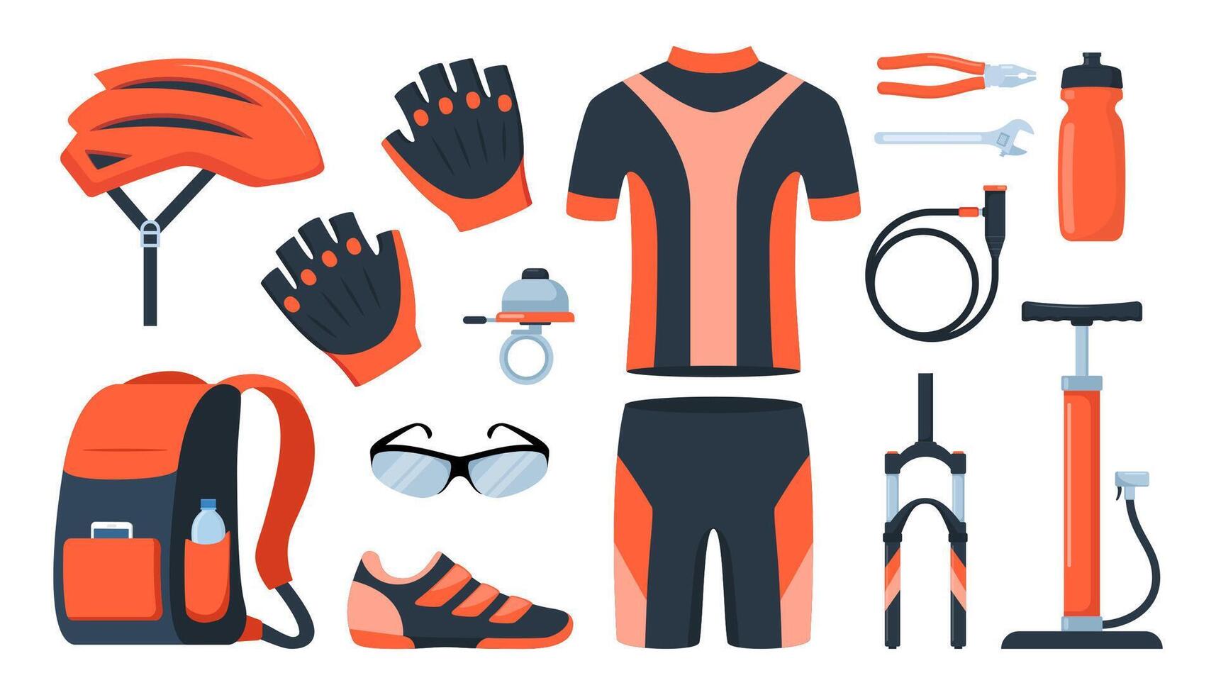 fiets set. fiets apparatuur. fietser versnelling, sportkleding voor fietser, bijhouden accessoires voor extreem sport opleiding geïsoleerd Aan wit. illustratie. vector