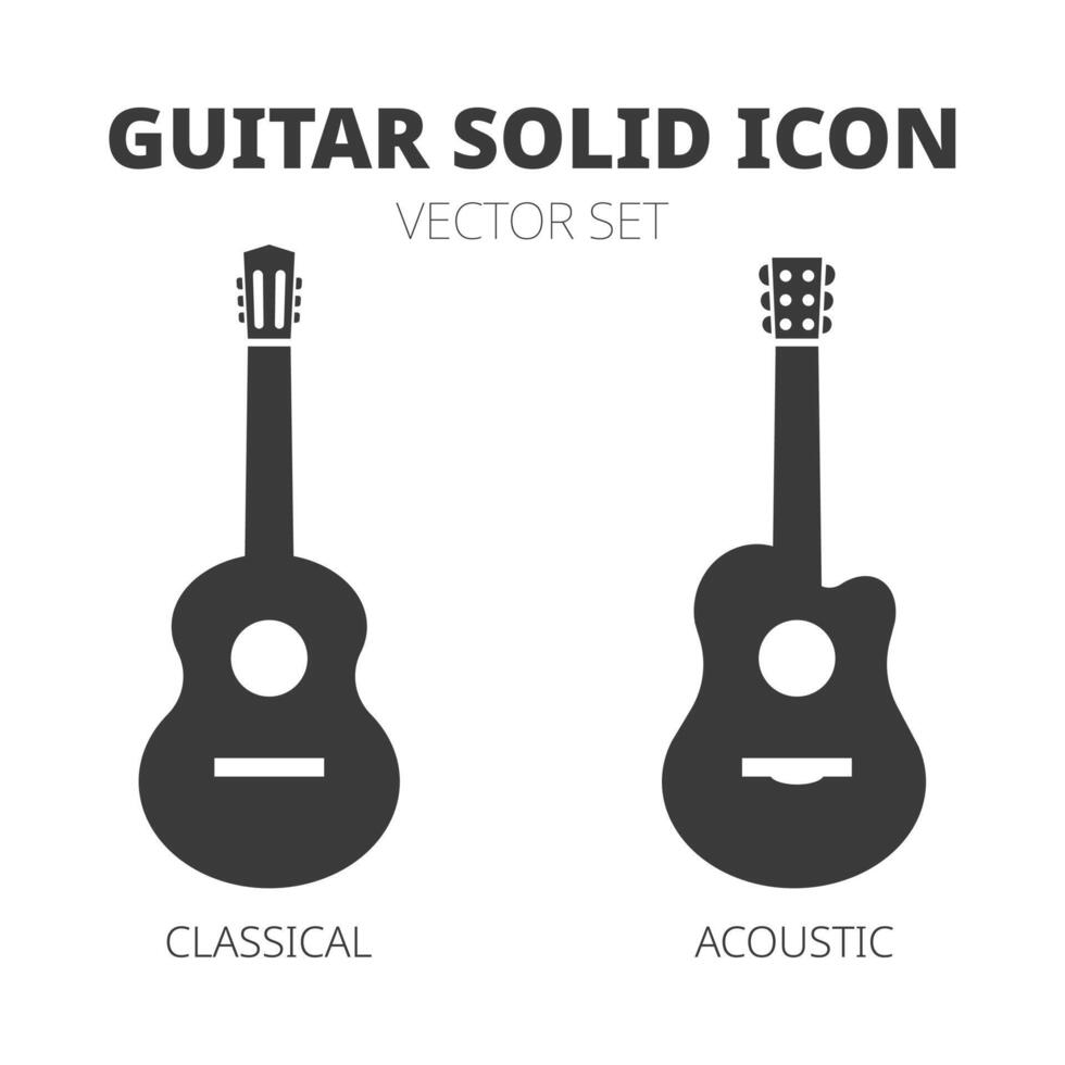 gitaar zwart icoon set. klassiek gitaar en akoestisch gitaar silhouet pictogrammen illustratie geïsoleerd Aan wit achtergrond. gemakkelijk ontwerp icoon voor studio web, app, branding vector