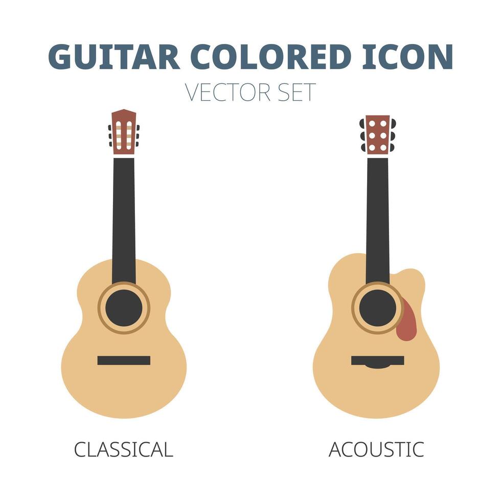 gemakkelijk gitaar icoon set. klassiek gitaar en akoestisch gitaar gekleurde pictogrammen vlak illustratie geïsoleerd Aan wit achtergrond. gemakkelijk icoon voor studio web, app, branding vector