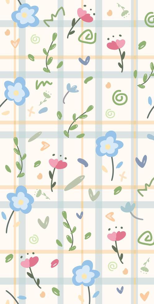 kleurrijk herhaald patroon van bloemen, harten en plaid in de achtergrond. kunst voor achtergronden, stoffen, geschenk omhulsel papier, enz. vector