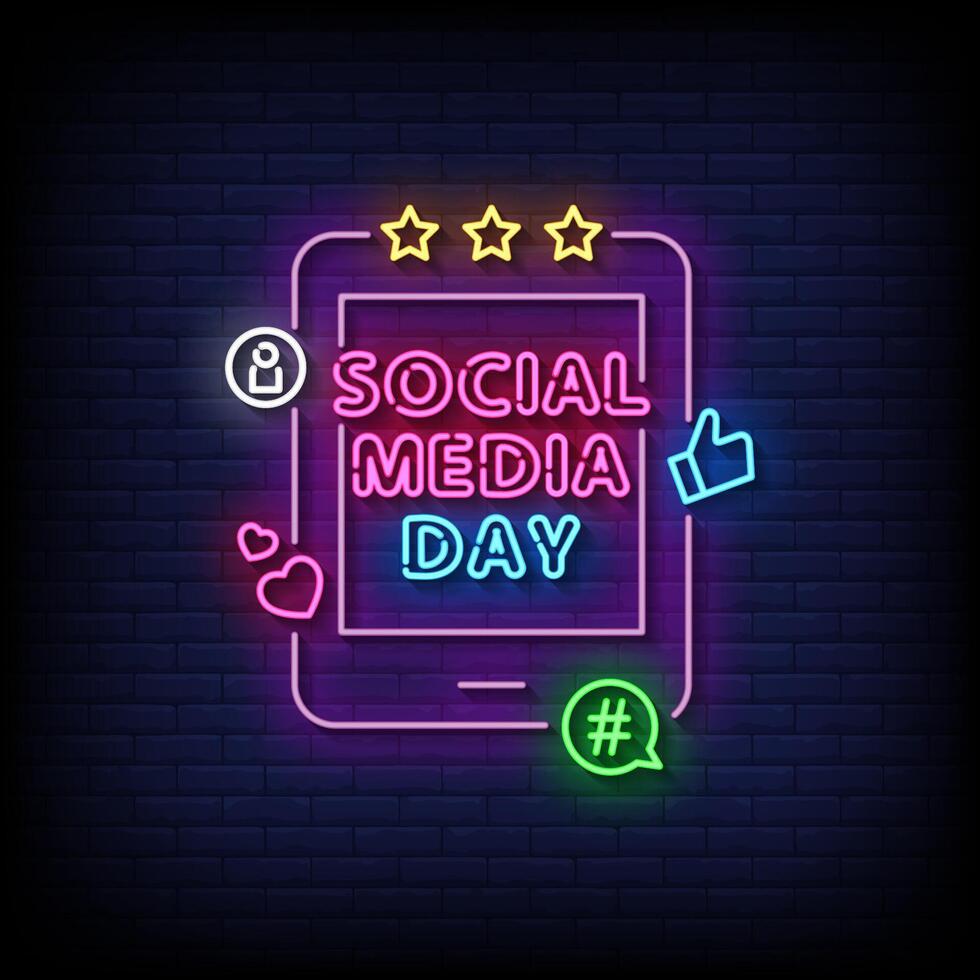 sociaal media dag neon teken Aan steen muur achtergrond vector