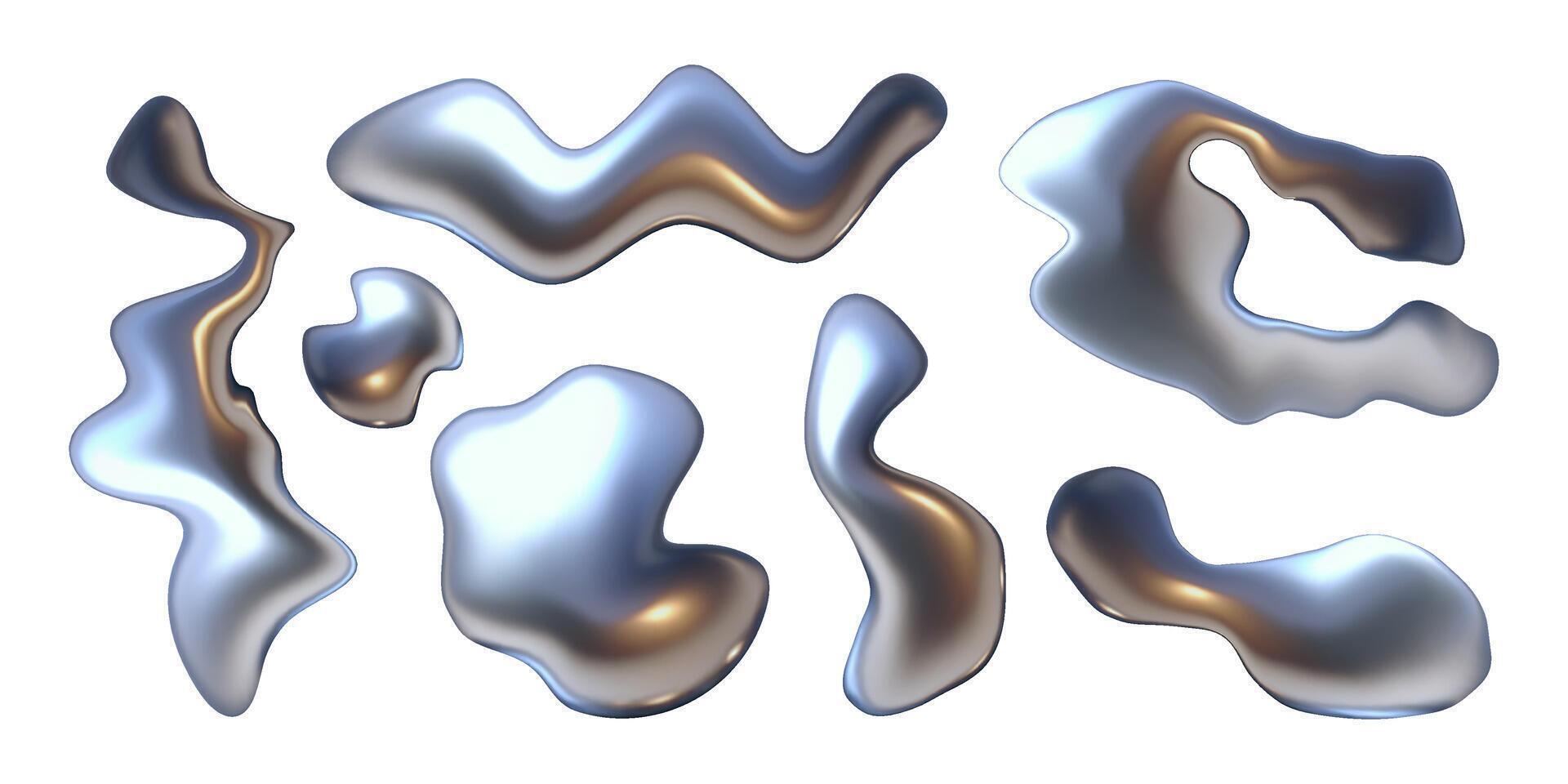 3d abstract vloeistof Golf, chroom metaal elementen set. y2k stijl. vector