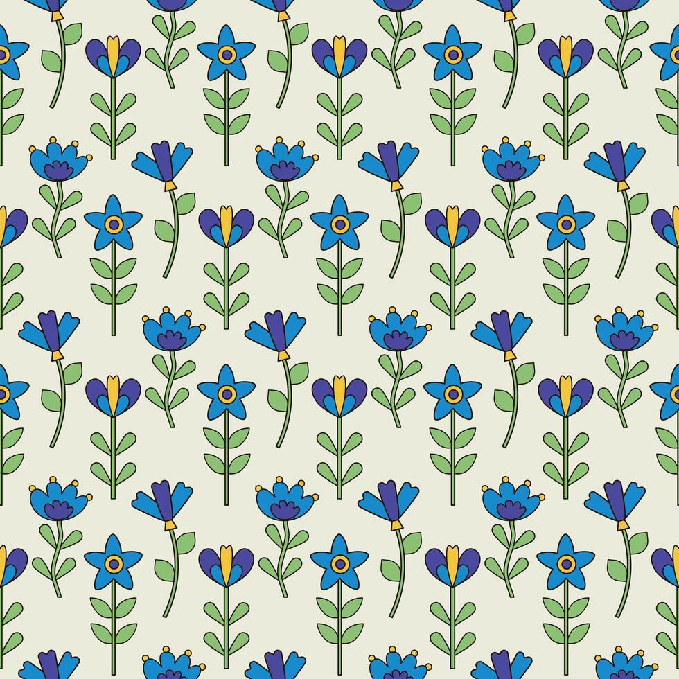 blauw naadloos patroon van groovy hippie bloemen in retro stijl vector