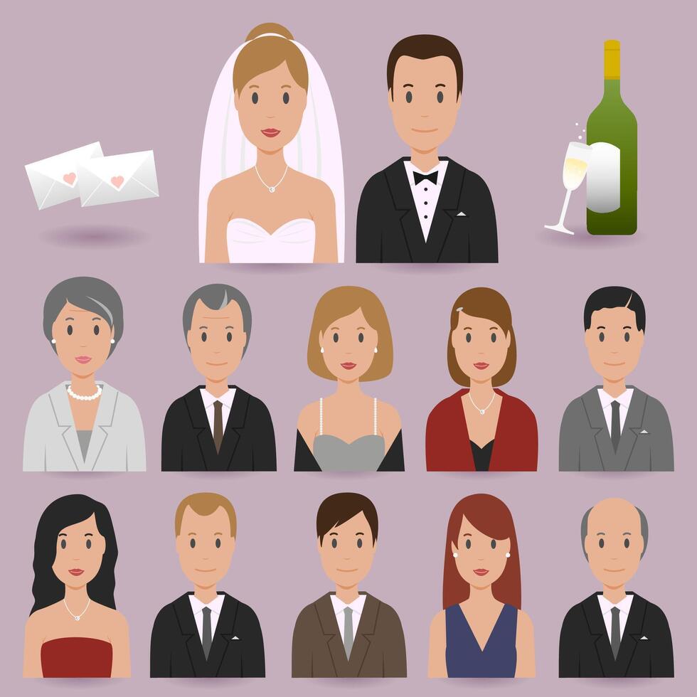 bruiloft douche reeks met bruid, bruidegom en bruiloft gasten. bruiloft ontvangst. vector
