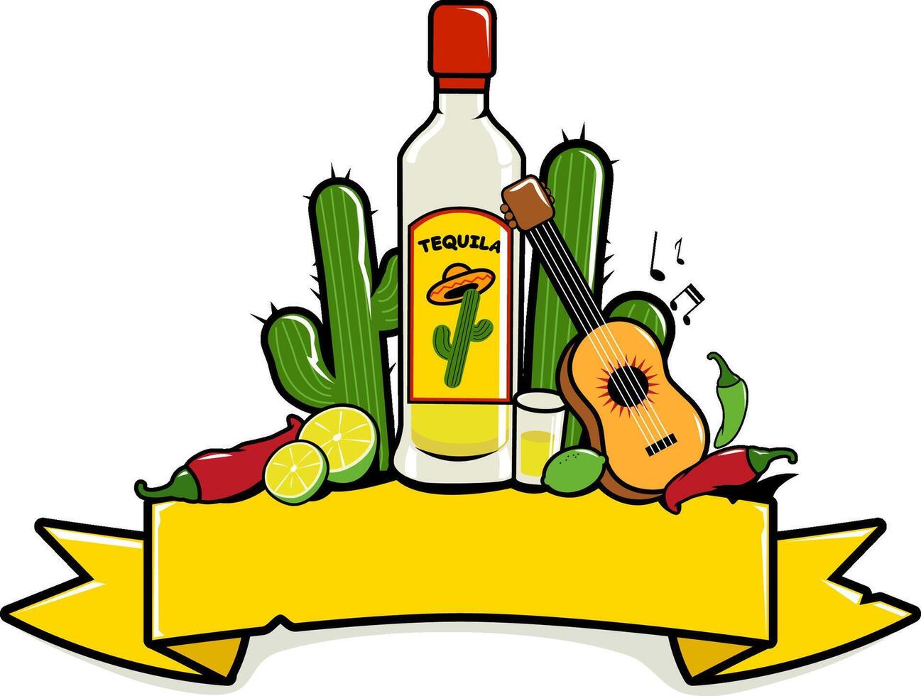 cinco de mayo Mexicaans partij spandoek. blanco grens banier versierd met een fles van tequila drankje, Mexicaans muziek- gitaar, cactus, limoen en Chili paprika's. vector