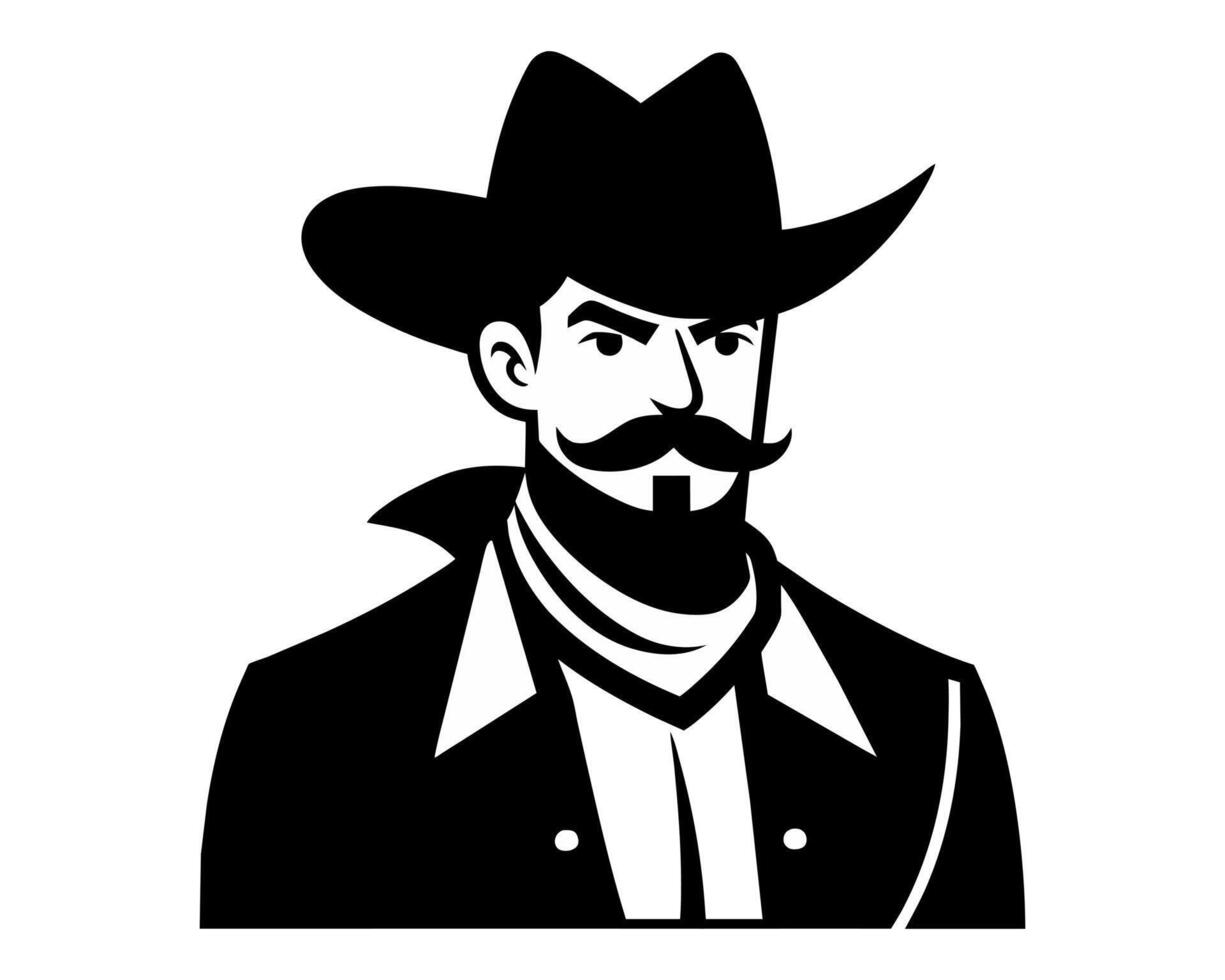 cowboy portret in zwart en wit. monochroom van een Mens met een hoed en baard. geïsoleerd Aan wit backdrop concept van western cultuur, mannelijk stijl, wijnoogst Amerikaans. logo, sticker ontwerp vector