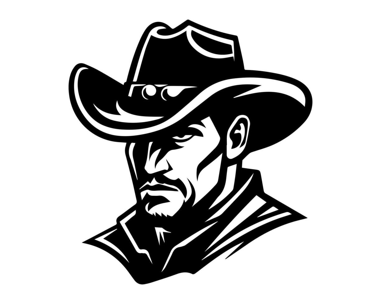 zwart en wit cowboy met een streng Look. hoed dragen gebaard Mens in monochroom stijl. geïsoleerd Aan wit achtergrond. concept van wild westen, traditioneel mannelijkheid, en retro mode. vector