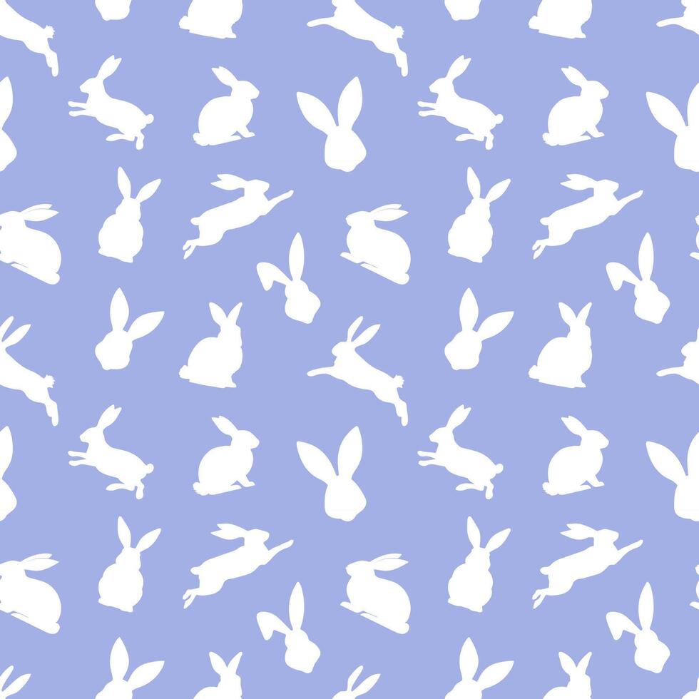 Pasen naadloos patroon van wit konijn silhouetten in verschillend acties. feestelijk Pasen konijntjes ontwerp. geïsoleerd Aan blauw achtergrond. voor Pasen decoratie, omhulsel papier, groet, textiel, afdrukken vector