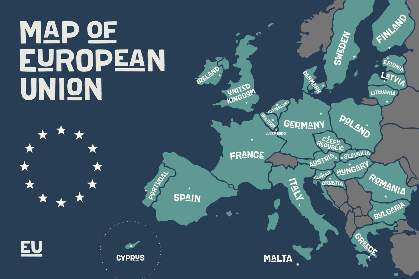 poster kaart van de Europese unie met land namen vector