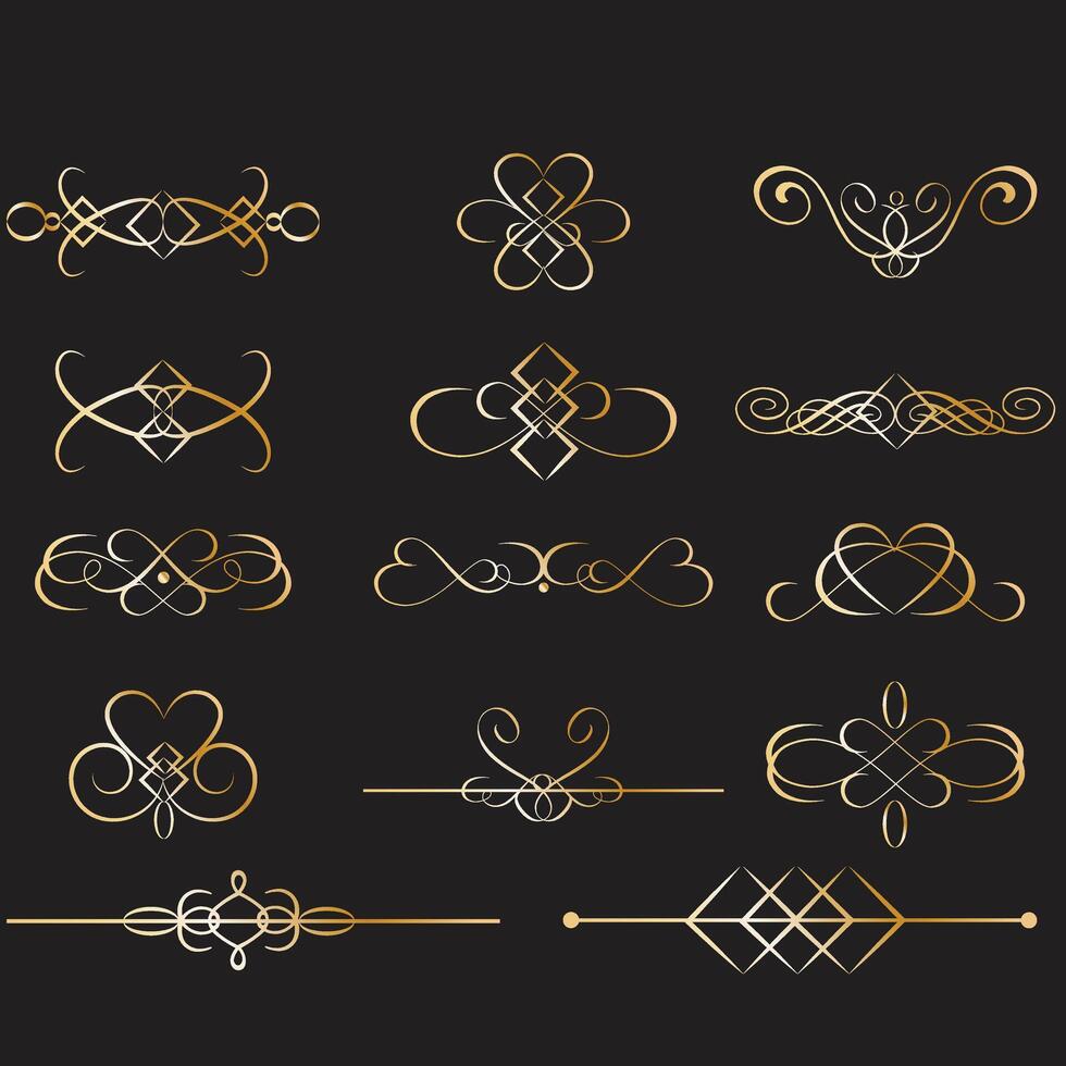 luxe goud overladen uitnodiging set. verzameling van sier- krullen, verdelers, grens, kader, hoek, componenten. reeks van elegant ontwerp voor bruiloft, menu's, certificaten, logo ontwerp, branding. vector