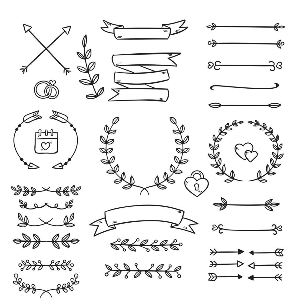 decoratief verdelers. hart, lijn, wervelen, pijl elementen voor decoratie. kalligrafische floreren ornamenten. wijnoogst hand- getrokken grens reeks voor groet en uitnodiging kaarten, certificaten vector