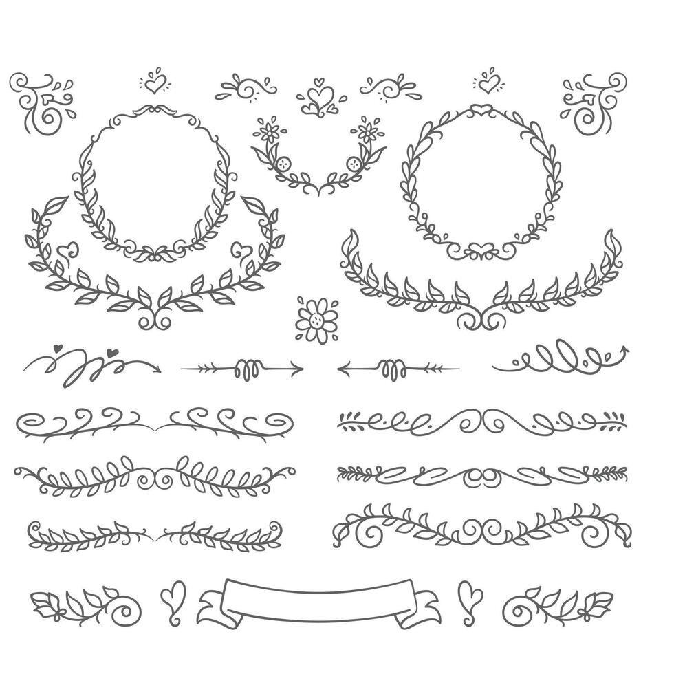 wijnoogst kolken ornament, lijn stijl bloeit set. filigraan kalligrafische sier- krullen. decoratief retro ontwerp elementen voor menu, certificaat diploma, bruiloft uitnodiging kaart, schets tekst verdeler vector