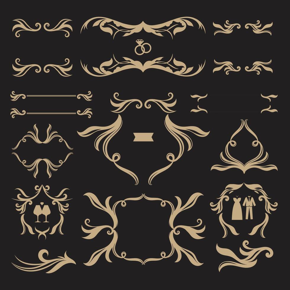 reeks van oosters damast patronen retro barok decoraties element met bloeit kalligrafische ornament. wijnoogst stijl ontwerp verzameling voor plakkaten, uitnodigingen, spandoeken, badges en logotypes vector