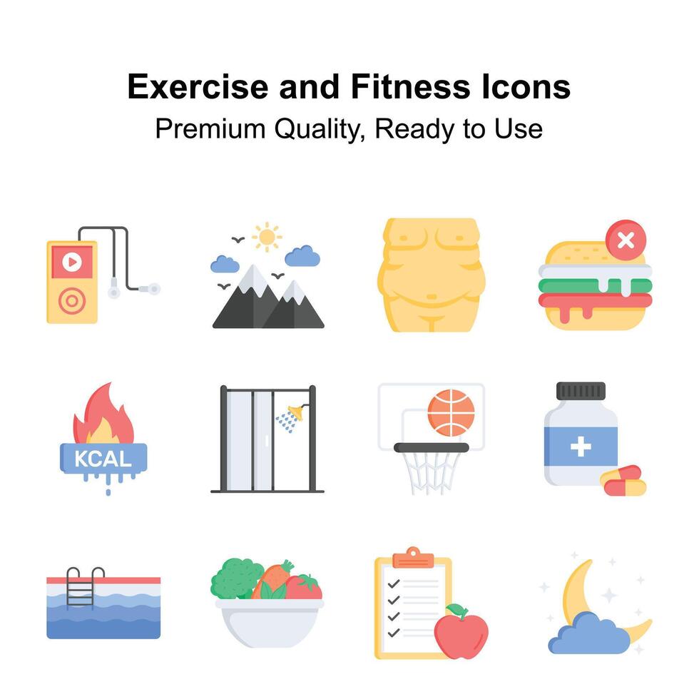 premie kwaliteit vlak stijl pictogrammen van oefening en fitheid, klaar naar gebruik in websites en mobiel apps vector