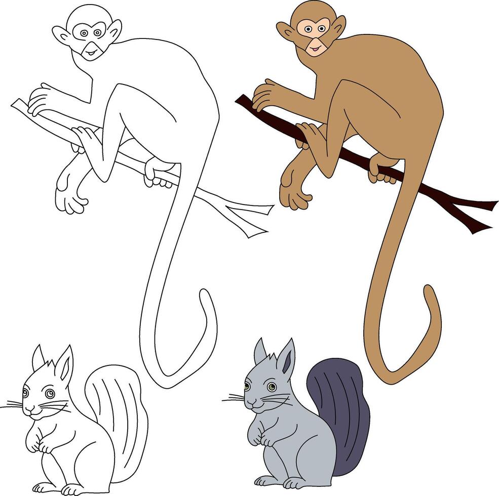 eekhoorn en aap clip art. wild dieren clip art verzameling voor geliefden van oerwouden en dieren in het wild. deze reeks zullen worden een perfect toevoeging naar uw safari en dierentuin-thema projecten vector