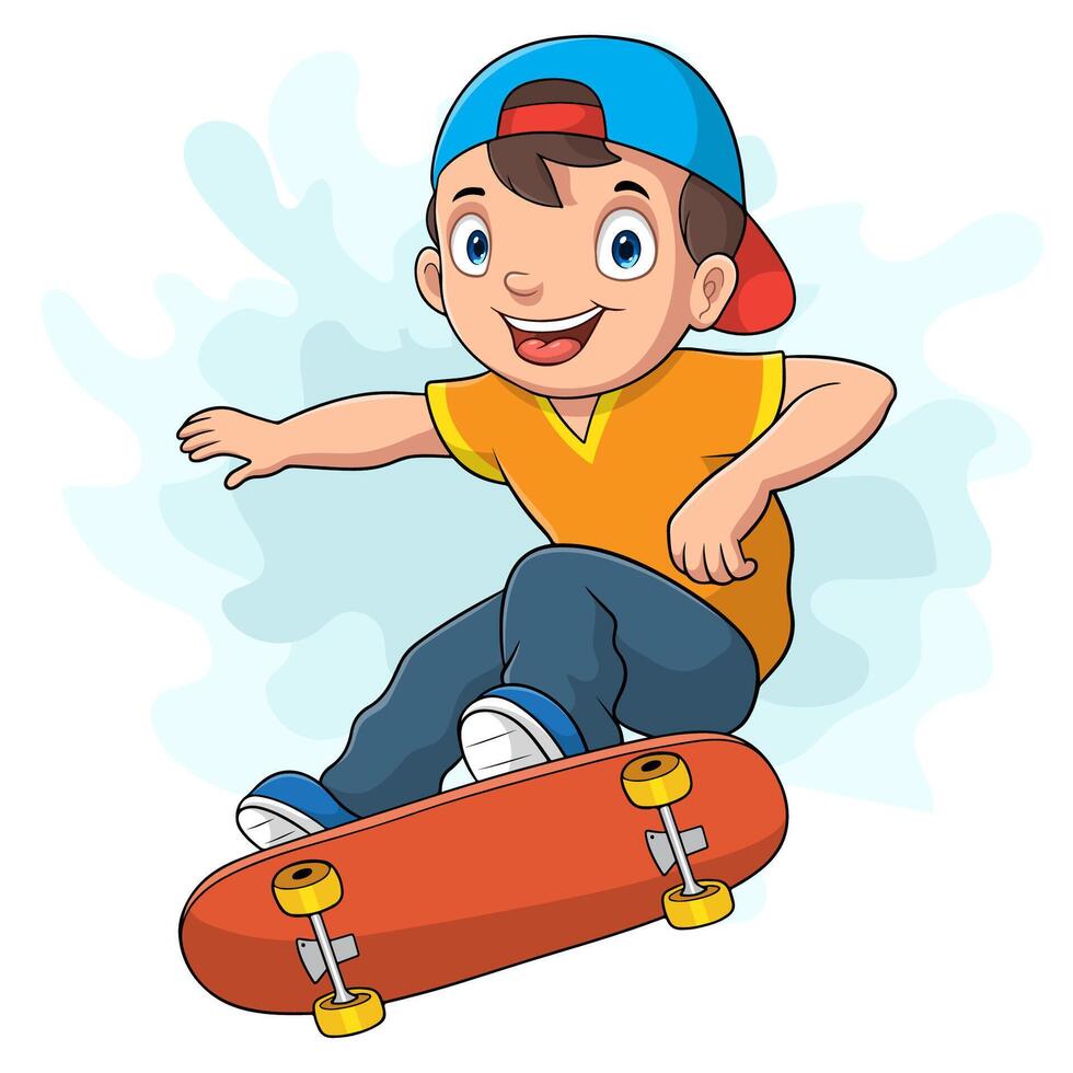 cartoon gelukkige kleine jongen skateboarden vector