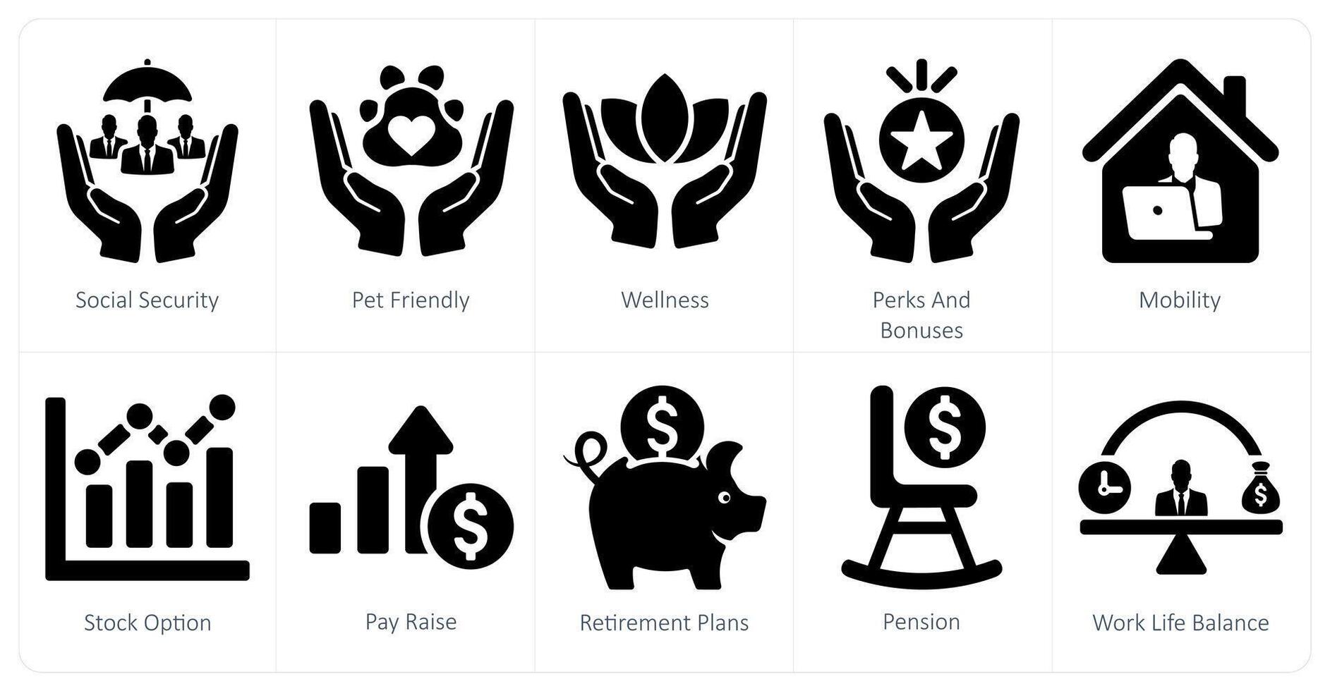 een reeks van 10 werknemer voordelen pictogrammen net zo sociaal veiligheid, huisdier vriendelijk, welzijn vector