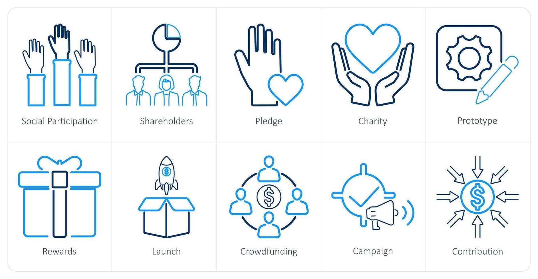 een reeks van 10 crowdfunding pictogrammen net zo sociaal deelname, aandeelhouders, belofte, vector