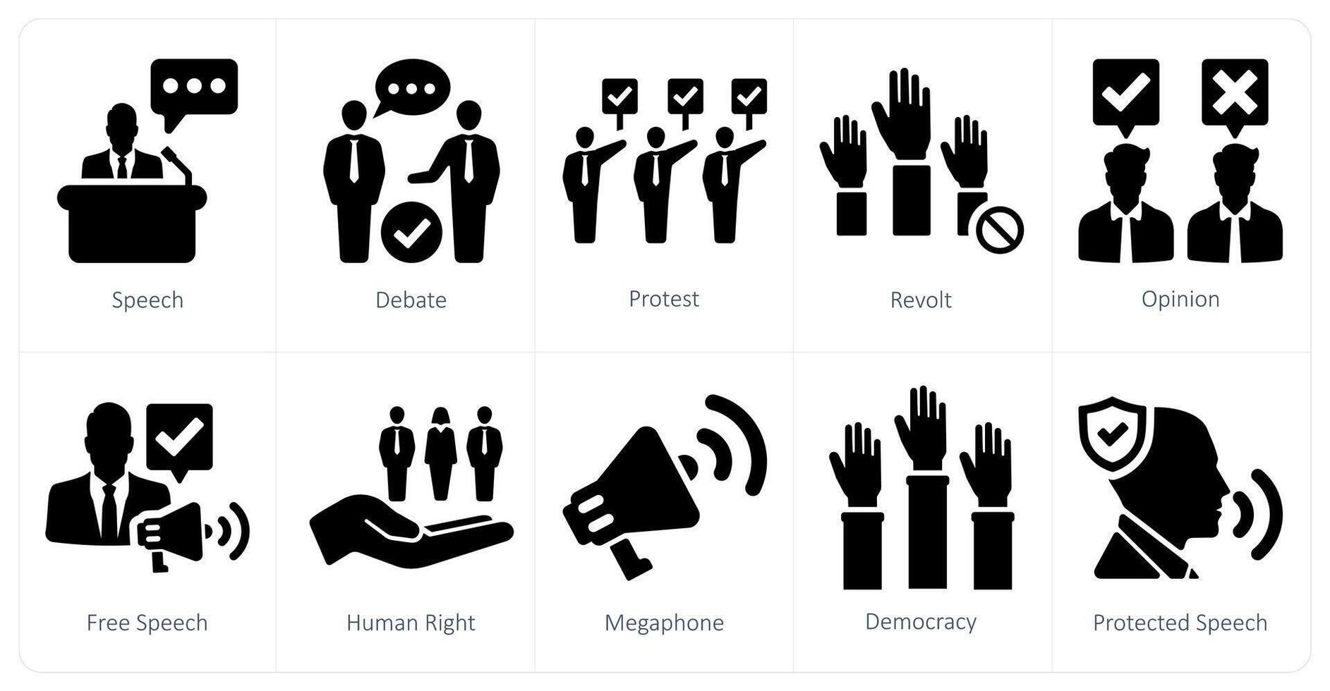 een reeks van 10 vrijheid van toespraak pictogrammen net zo toespraak, debat, protest vector