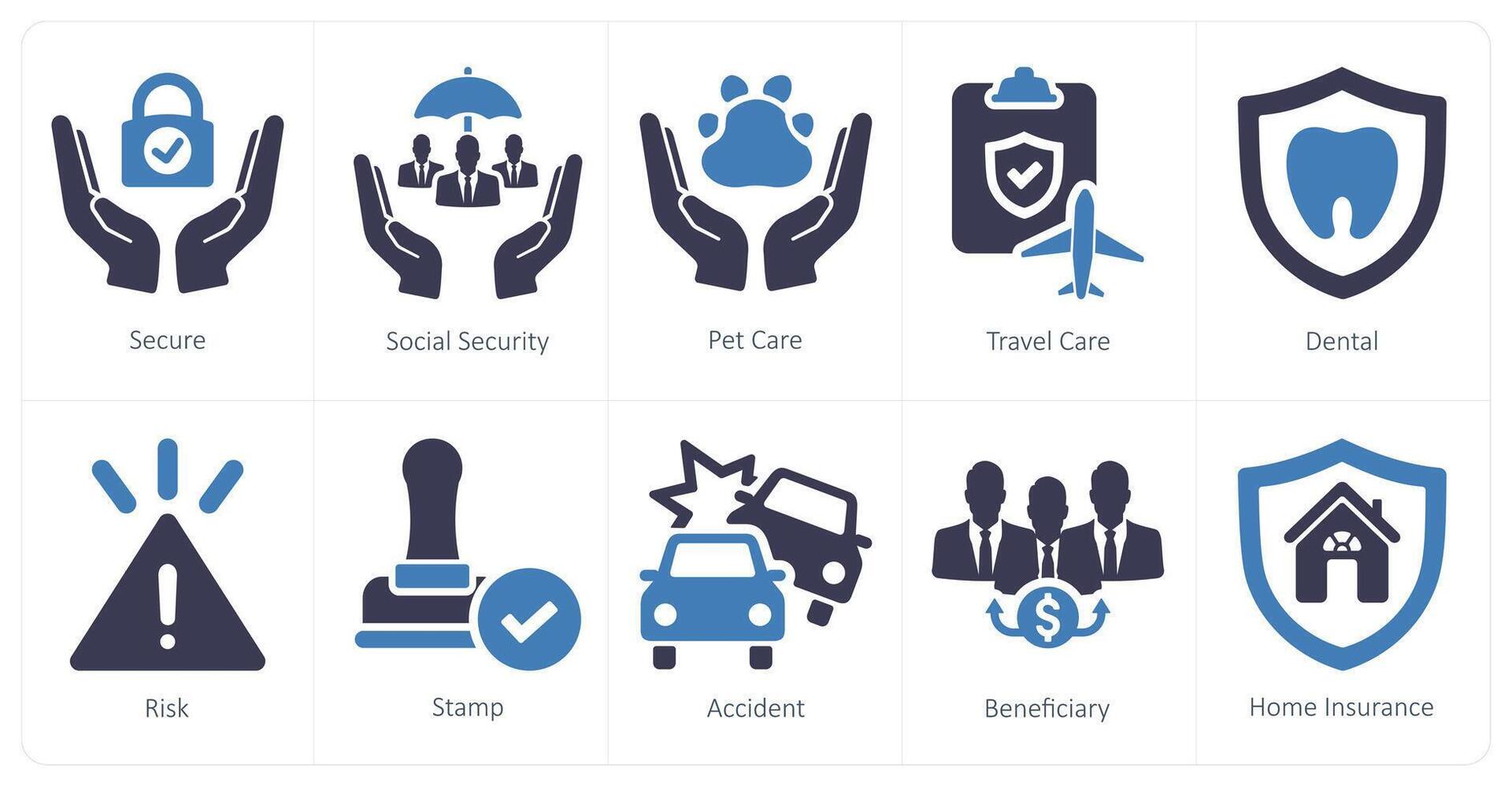 een reeks van 10 verzekering pictogrammen net zo zeker, sociaal veiligheid, huisdier zorg vector