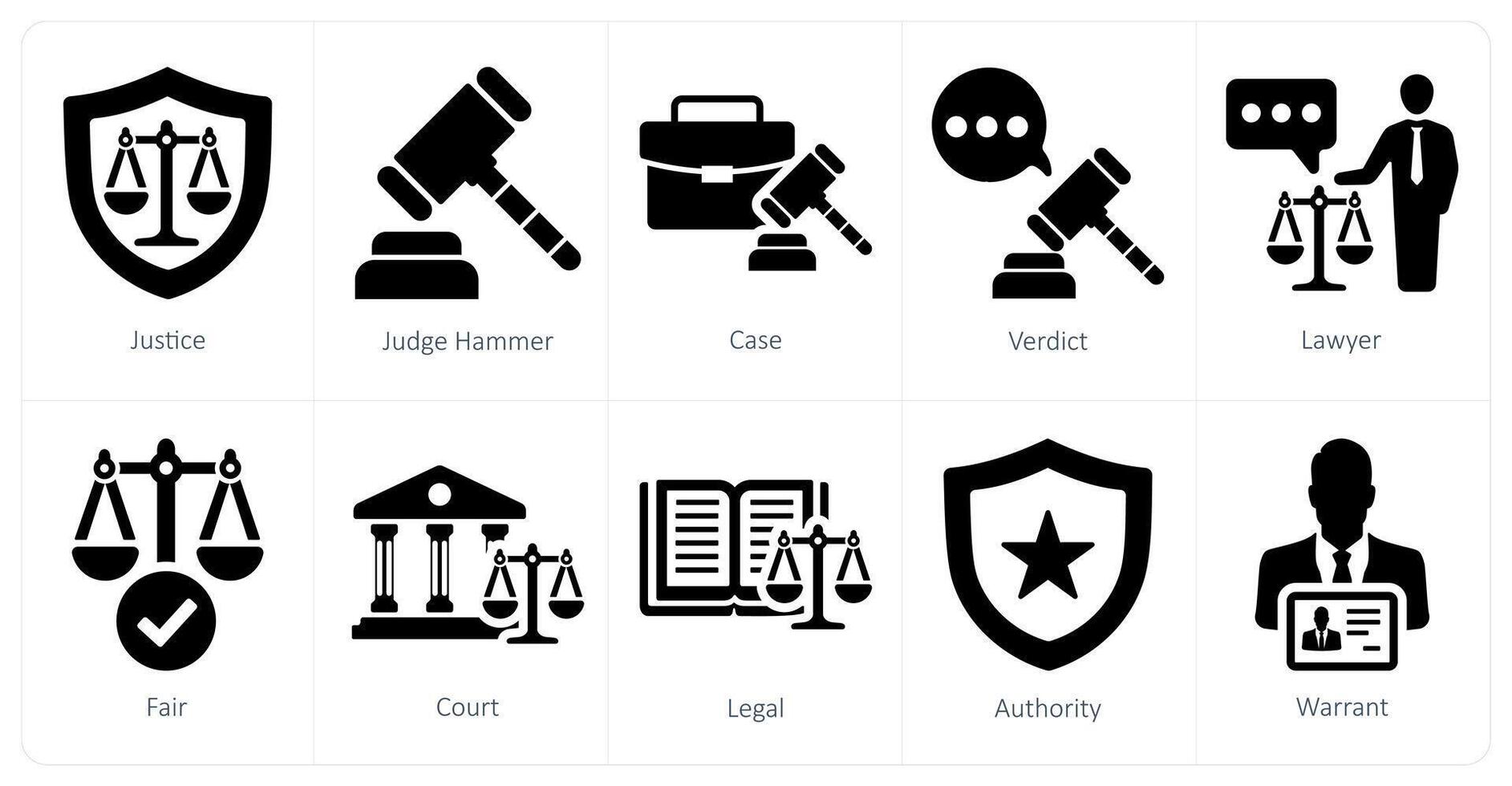 een reeks van 10 gerechtigheid pictogrammen net zo gerechtigheid, rechter hamer, geval vector