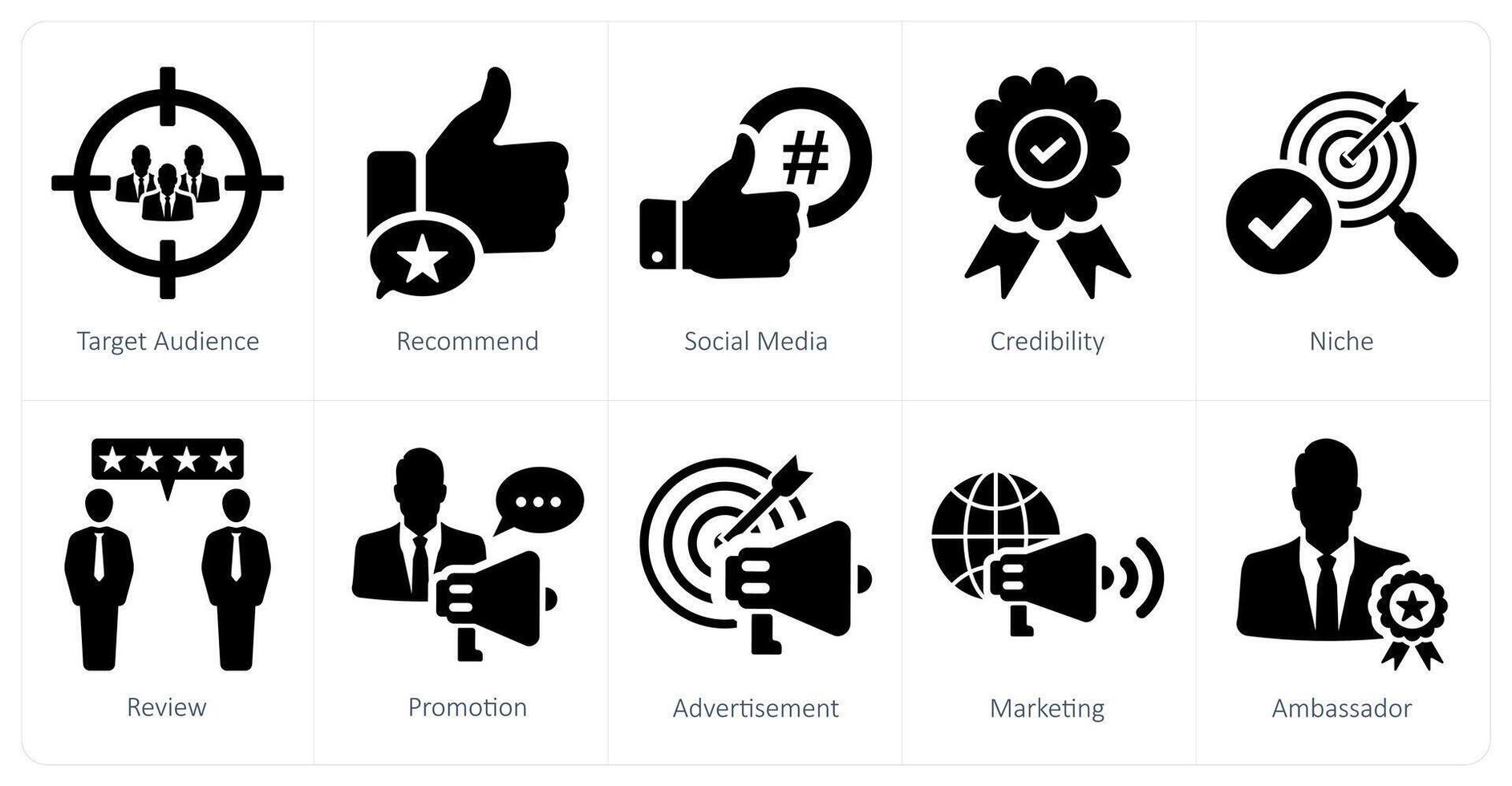 een reeks van 10 influencer pictogrammen net zo doelwit publiek, aanbevelen, sociaal media vector