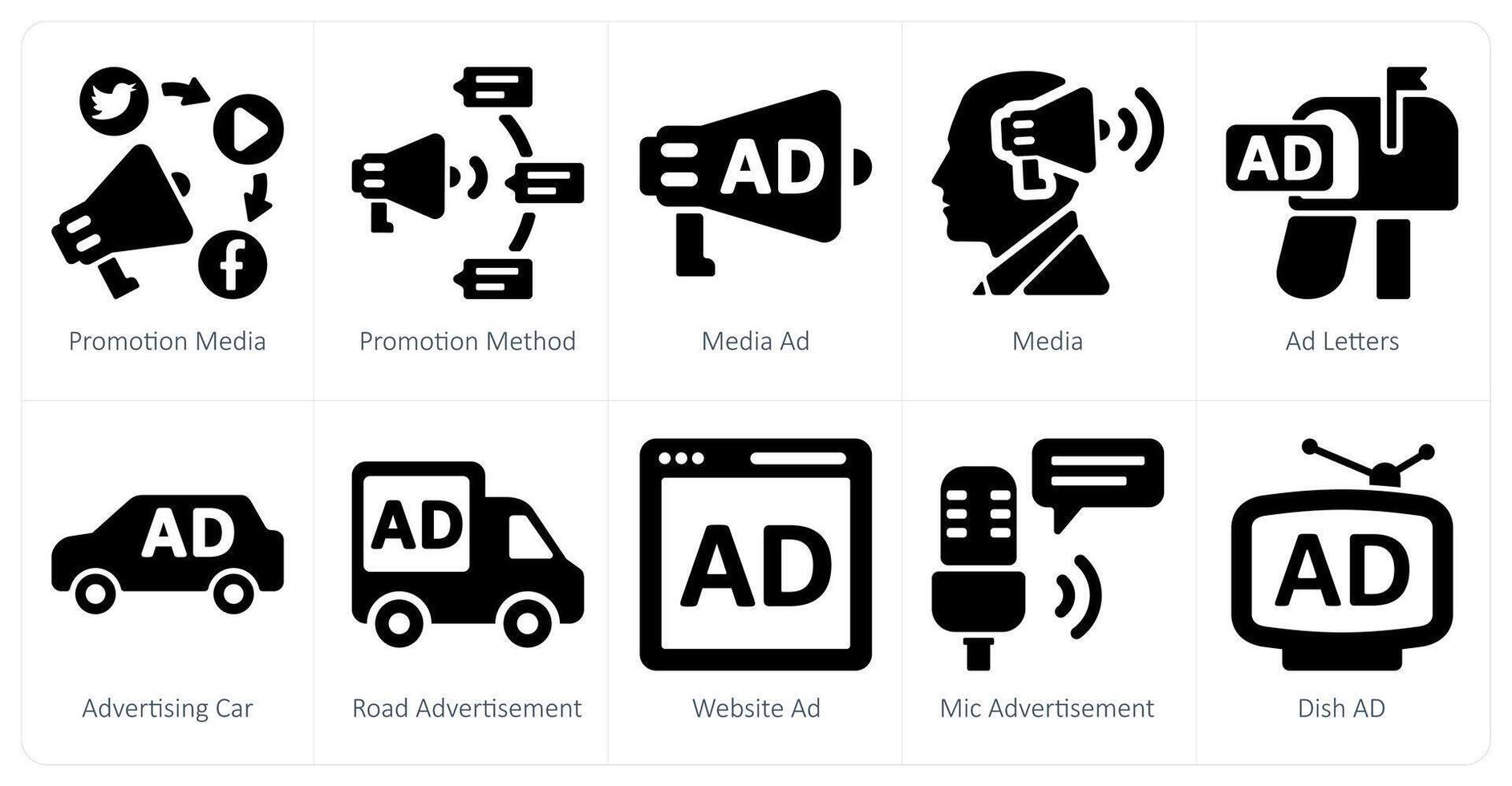 een reeks van 10 advertenties en afzet pictogrammen net zo Promotie media, Promotie methode, media advertentie vector