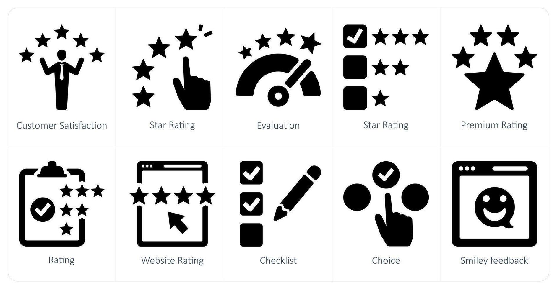 een reeks van 10 enquête en waarderingen pictogrammen net zo klant tevredenheid, ster beoordeling, evaluatie vector