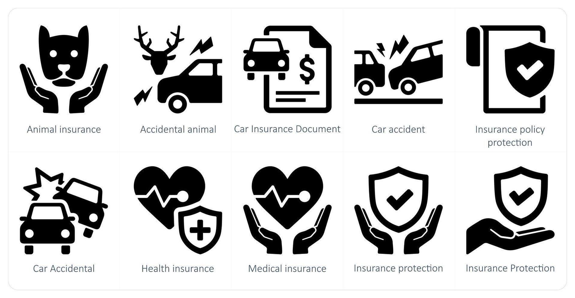 een reeks van 10 verzekering pictogrammen net zo dier verzekering, toevallig dier, auto verzekering document vector