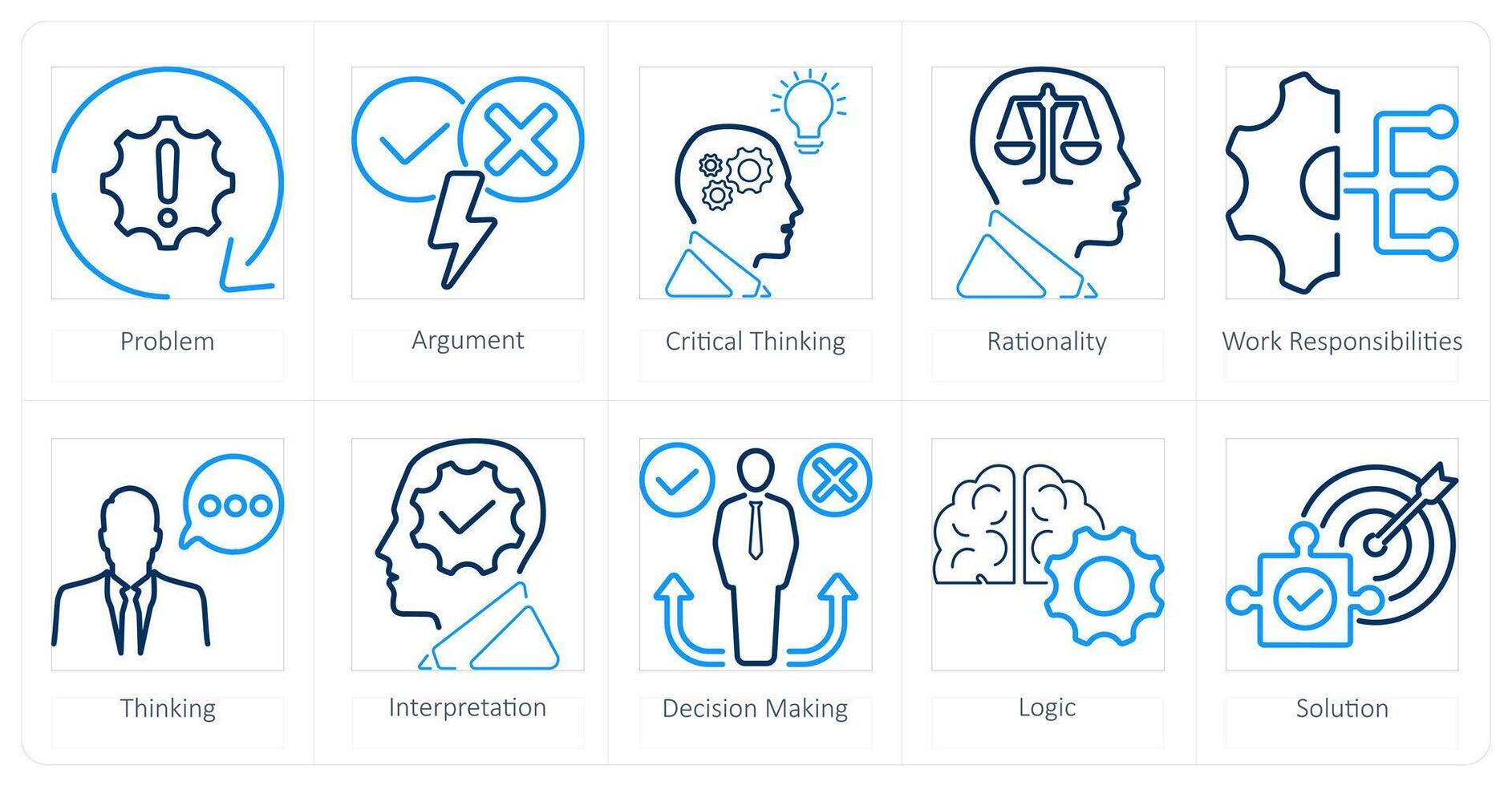 een reeks van 10 kritiek denken pictogrammen net zo probleem, argument, kritiek denken vector