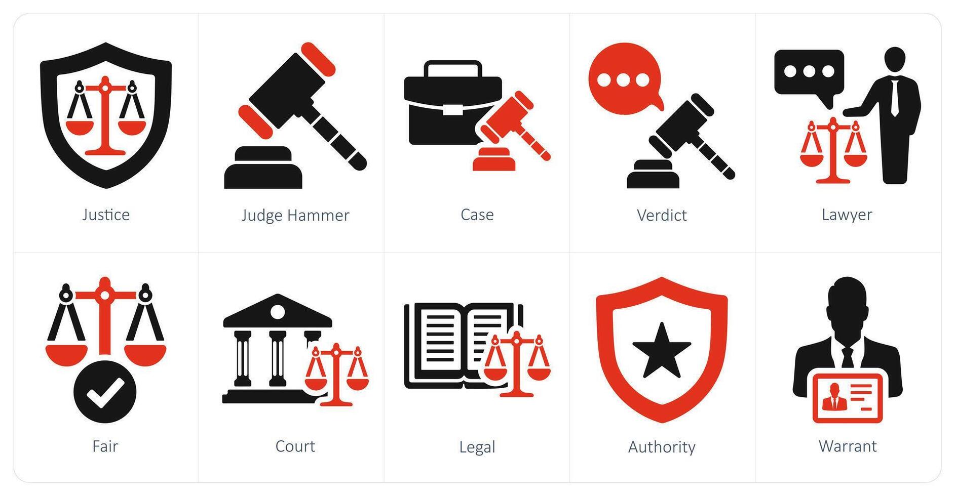 een reeks van 10 gerechtigheid pictogrammen net zo gerechtigheid, rechter hamer, geval vector